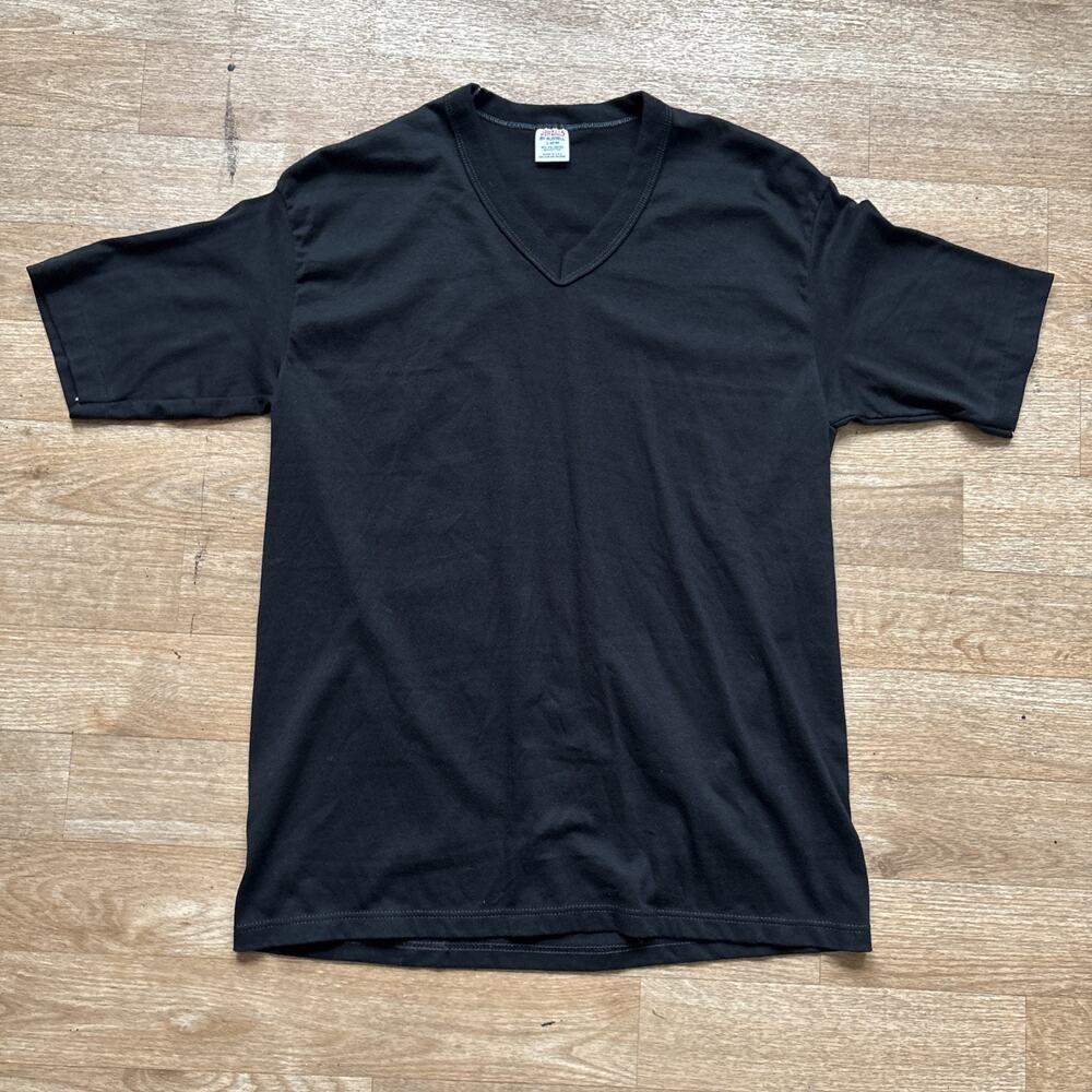 DEADSTOCK Vintage Jerzees RUSSELL Black Blank V Neck 80s 50/50 L USA Nos